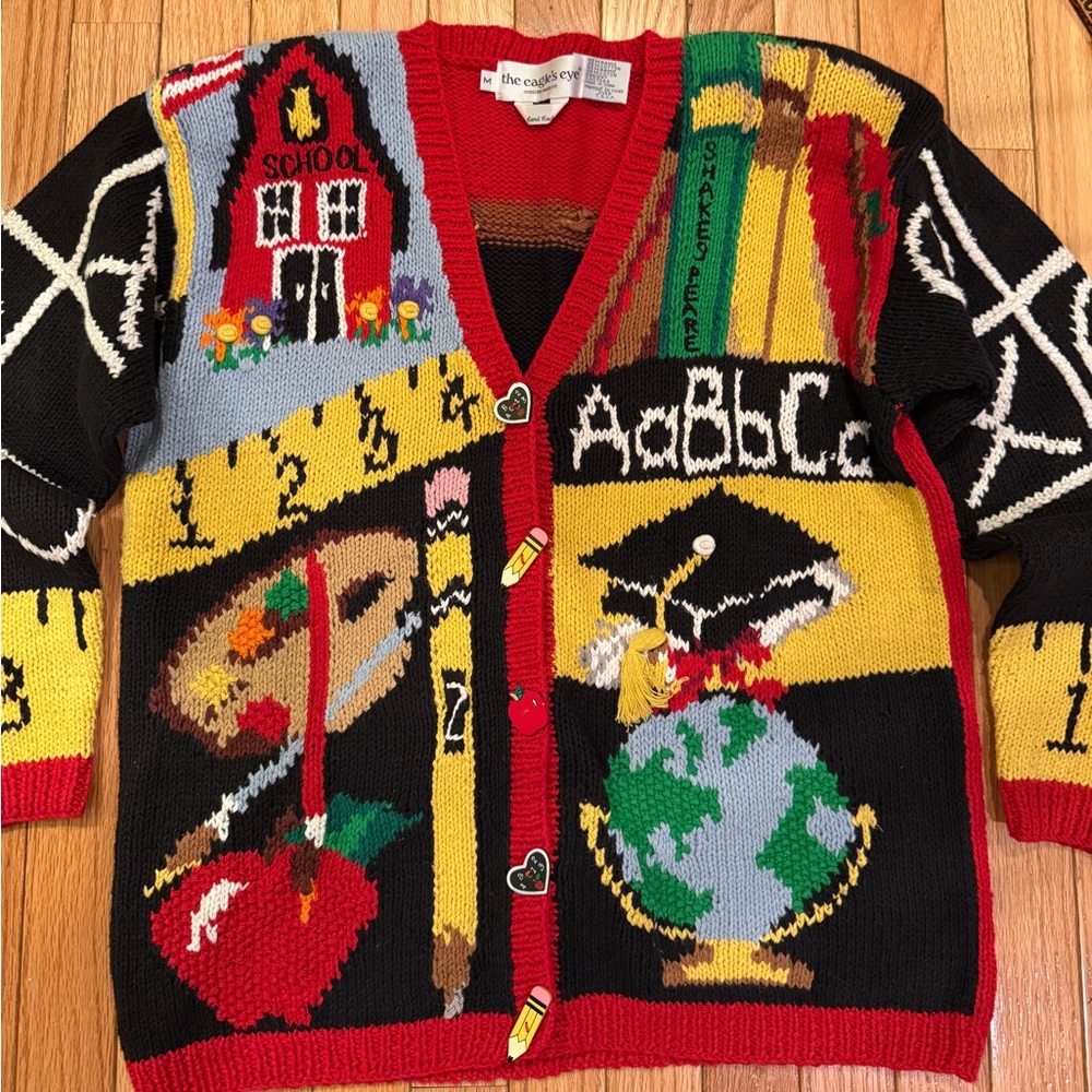 VTG RARE The Eagles Eye Hand Knit School-Themed Women's Teacher Cardigan Sweater